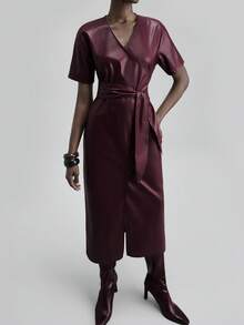 Ontre Elegant Women's Burgundy Autumn Long Dress,V-Neck Tie-Waist Vintage Casual Office Wear,Business Commuting Dining Outfits,Christmas Halloween Uniform - Burgundy - View 5