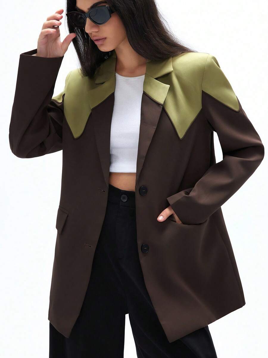 GENKIRA 女式现代设计拼色翻领拼布解构休闲长袖西装外套 - 彩色 - 查看 1