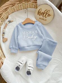 SHEIN 2件套新生儿男宝宝字母刺绣圆领长袖上衣和裤子套装 - 霧霾藍 - 查看 5