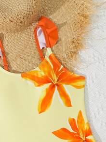 SHEIN Bộ đồ bơi liền thân in hoa cho bé gái tuổi teen kèm chân váy thắt nút màu cam, phong cách cao cấp cho kỳ nghỉ hè và bãi biển - Nhiều màu - Xem 4