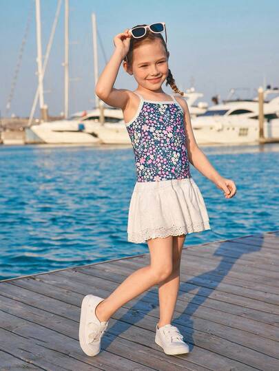 Joliand Joliand 2pcs Young Girl Elegant City Cute Blue Ditsy Floral Top & Grey Blue Loose Camisole Top, Buy 1 Get 1, Suitable For Casual, Daily, Travel, Home, Beach, Summer