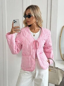 SHEIN LUNE Áo khoác chần bông có túi và nơ cho nữ, màu đỏ và trắng, mùa thu/đông - Đỏ và trắng - Xem 2