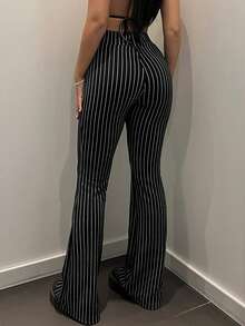SHEIN ICON Striped Print Flare Leg Trousers - Black - View 3