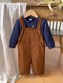 Vintaside Kids Babyboy 秋季圆领长袖可爱休闲狐狸刺绣上衣搭配时尚简约吊带长裤，适合温和天气、露营、度假、居家休闲穿着 - 彩色 - 查看 4