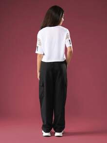 SUMWON Varsity Style Crop T-Shirt Jersey Number Lace Panel Teen Girls Back To School Casual Tee Fall Fashion Streetwear Oversized Number 30 Top - Black - View 2