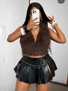 Slaydiva Hàng mới về Thu Đông/Quần áo Thu Đông cho Nữ/Halloween/Quần áo Thu Đông cho Nữ Áo khoác cổ lông giả màu trơn trơn cho nữ cỡ lớn Thu Đông mới Áo croptop lông xù màu nâu - Cà phê nâu - Xem 10