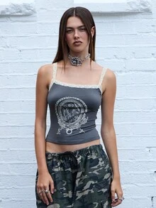 COUREZ Top de encaje con estampado frontal / Ropa de mujer Y2K para otoño, ropa de otoño, blusas lindas, camisetas gráficas, top para salir, ropa de invierno - Gris Oscuro - Ver 4
