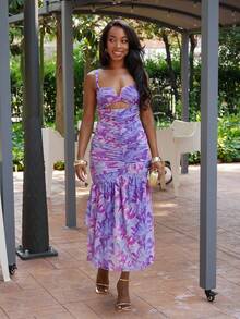 Yess Loren Floral Ruched Mermaid Hem With Cutout Details Dress - Purple - View 6