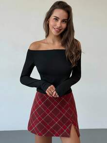 Aloruh 女士百搭百搭万圣节和圣诞节红色格子优雅A字迷你裙 - 紅色 - 查看 4