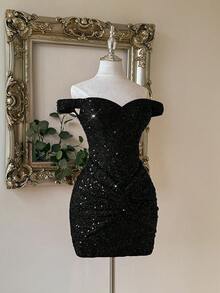 Lovelzi Fashionable, Sexy, Avant-Garde, Mini, Mesh, Shiny, Red, Sequin Fabric, Strapless, Knotted, Off Shoulder, Super Short Dress, Suitable For Nightclub, Party, Vacation, Cocktail Party