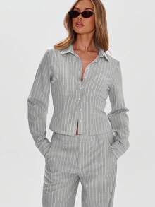 MUSERA 修身长袖衬衫，纽扣开襟细条纹，商务休闲，机场时尚，秋季返校季，优雅假日，春夏皆宜。 - 灰色 - 查看 3