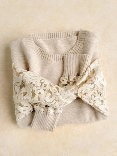 Elaquor 大码休闲优雅百搭网眼拼布套头衫，秋冬