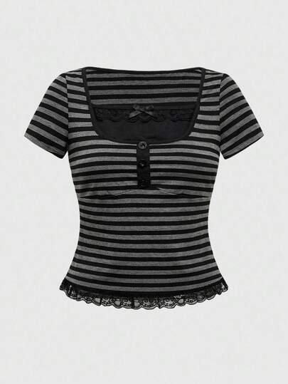 Plus Size Y2K Vintage 2 In 1 Striped Contrast Lace Trim T-Shirt