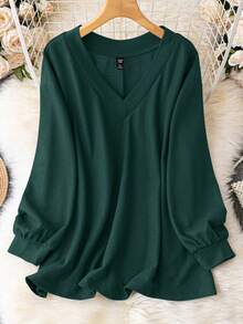 EMERY ROSE Plus Size Casual Solid Color Loose T-Shirt, Autumn - Dark Green - View 1