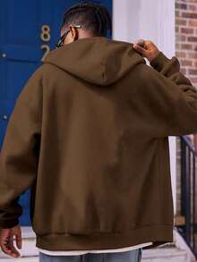 Manfinity Dauomo 男士纯色休闲日常百搭长袖连帽运动衫，秋季 - 棕色 - 查看 2