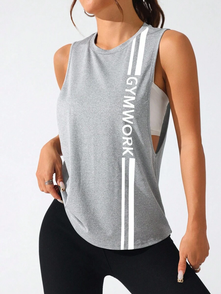 Easithlete Women Letter Print Minimalist Casual Sports Sleeveless Round Neck T-Shirt - Light Grey - View 1