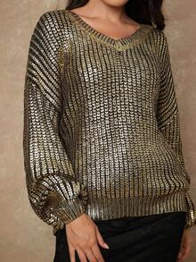 Freevana Plus Size Fall Winter Christmas Party Chic Casual Office Fairycore Alt Sweater, Going Out Y2K Old Money Style Rave Halloween Western Birthday Boho Chic Airport Vintage Foil Sweater Golden