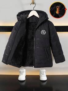 1pc Boys' Padded Hooded Jacket With Embroidered Logo Fall Winter