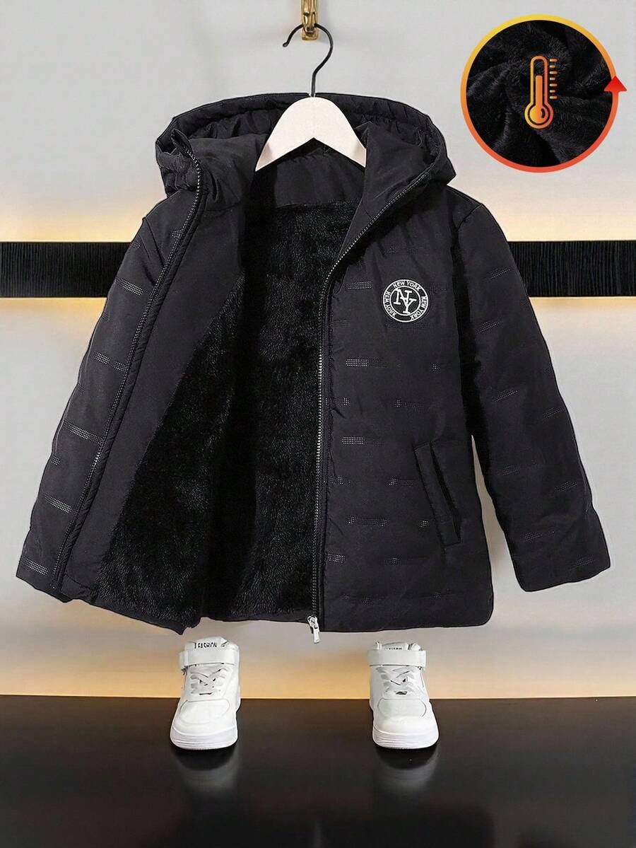 1pc Boys' Padded Hooded Jacket With Embroidered Logo Fall Winter