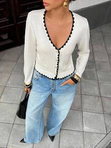 Pariaura Women's Elegant V-Neck Contrast Binding Button Cardigan, Autumn