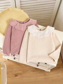 Elladie kids Girls Ribbed Fabric Long Sleeve T-Shirt With Lace Trim Collar, Comfortable Casual Elegant Fashion, Suitable For Spring, Autumn, Winter Fall - Pink - View 3
