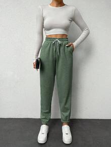 EURMUSE Women's Solid Color Drawstring Waist Pockets Jogger Pants - Mint Green - View 3