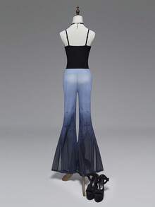 ROMWE Gothic Graveyard Pattern Sheer Women's Flare Pants, Halloween - Dusty Blue - View 5