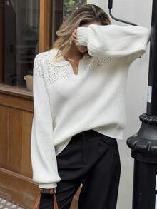 Livesso Women's Hollow Out Loose Lantern Sleeve Sweater, Autumn - Apricot - View 5