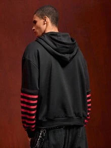 ROMWE MEN Friday the 13th X ROMWE Herren Pullover mit Buchstaben- und Masken-Grafik, Tasche, Kordelzug, 2 in 1 Kapuzenpullover, Herbst - Schwarz - Übersicht 3