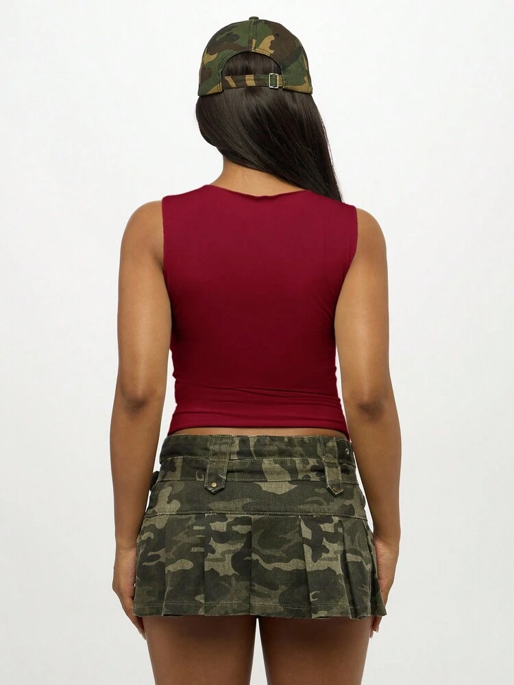 SUMWON WOMEN Sleeveless Tank Top With Ornate Cross Design And Button Neckline