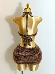 Mistrie Women's Brown Striped Boho Faux Knit Mini Dress,Halter Neck Tie Detail Front Cut-Out Beaded Summer Vacation Dress For Music Festivals Halloween - Brown - View 2