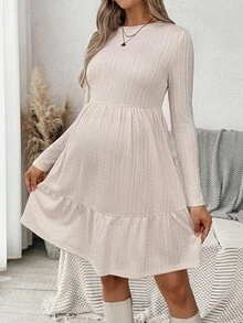 SHEIN Maternity Autumn Clothes White Solid Color Round Neck Long Sleeve Ruffle Hem Casual Dress Pregnancy Bump Friendly Photoshoot Beige Fall Clothes - Apricot - View 6