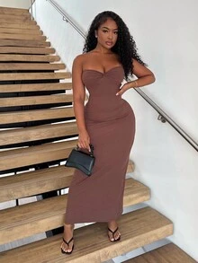 Alexandranx Vestido de verano con tirantes finos, con nudo delantero y espalda descubierta, de unicolor y minimalista para mujer - Marrón - Ver 6