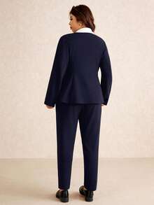 Elaquor Conjunto de traje de mujer de talla grande, elegante y minimalista en azul marino, compuesto por chaqueta tipo blazer + pantalón largo, adecuado para el transporte urbano en otoño/invierno