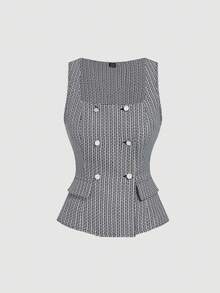 SHEIN MOD 女士优雅两件套：直筒裤和黑白背心 - 黑與白 - 查看 5