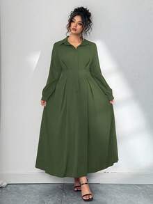 Elenzga 优雅通勤纯色灯笼袖连衣裙，大码女式秋季长裙 - 軍綠色 - 查看 3
