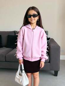 SHEIN Tween Girl Society Summer Cropped Sweatshirt Ribbon Sleeves Embroidered Logo Zip Front Sweatshirt Bow Detail Autumn Winter Streetwear Casual Athleisure - Pink - View 5