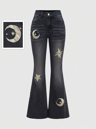 Hippie Women's Pocket Embroidered Star Flared Casual Jeans