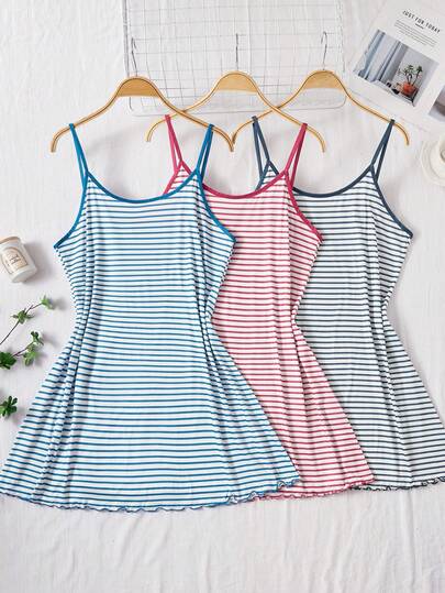Dream Adore 3件套女士休闲彩色条纹印花大码简约吊带睡衣