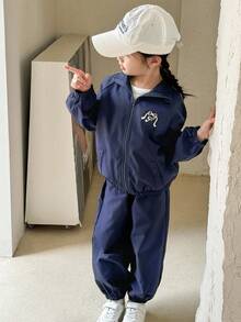 SHEIN Young Girls Casual Outfit - Stand Collar Front Button Raglan Sleeve Jacket And Elastic Cuff Pants Set Fall Winter - Blue - View 6