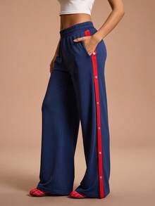 SHEIN Sports 女式松紧腰侧扣口袋宽松休闲裤 - 藏蓝色 - 查看 1