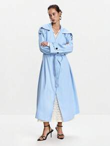 Lumivelle 女士时尚通勤系带腰部风衣浅蓝色风衣女士女士风衣蓝色风衣 - 淺藍色 - 查看 5