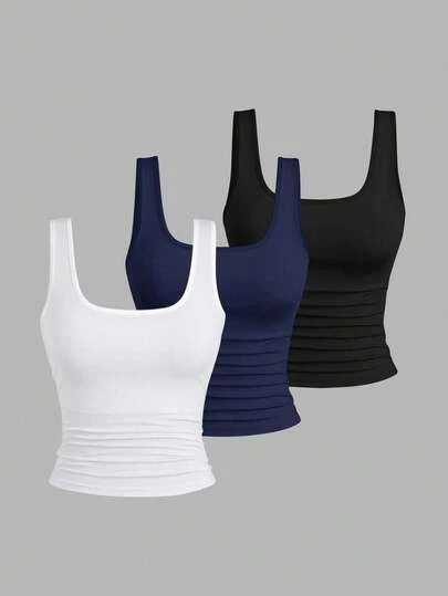 Flirla 3件装加大码女式纯色褶皱吊带背心