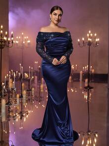 Glamrae Elegantes, luxuriöses Abendkleid in Marineblau mit Pailletten, Perlen und Stickerei, Off-Shoulder Design mit überlappender Büste, transparente Langarmdetails, geraffter Meerjungfrauensaum, geeignet für Abendveranstaltungen, Galas, Hochzeiten, Urlaub