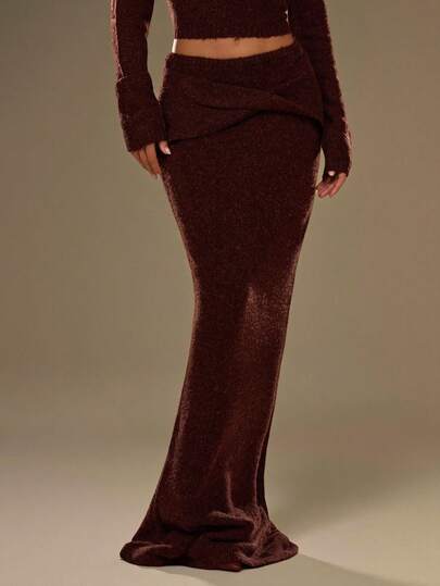 SHEIN BAE Women's Solid Color Twist Design Extra Long Knitted Skirt,Fall Clothes For Women,Fall Sweaters,Women's Fall Clothes ,Winter Clothes Women,Halloween,Christmas,Birthday Outfits For Women,Brown Sweater Skirt