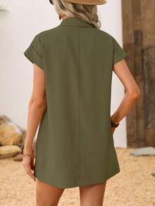 EMERY ROSE Women's Simple Solid Color Single-Button Pocket Blazer And Shorts Set, Summer - Army Green - View 2