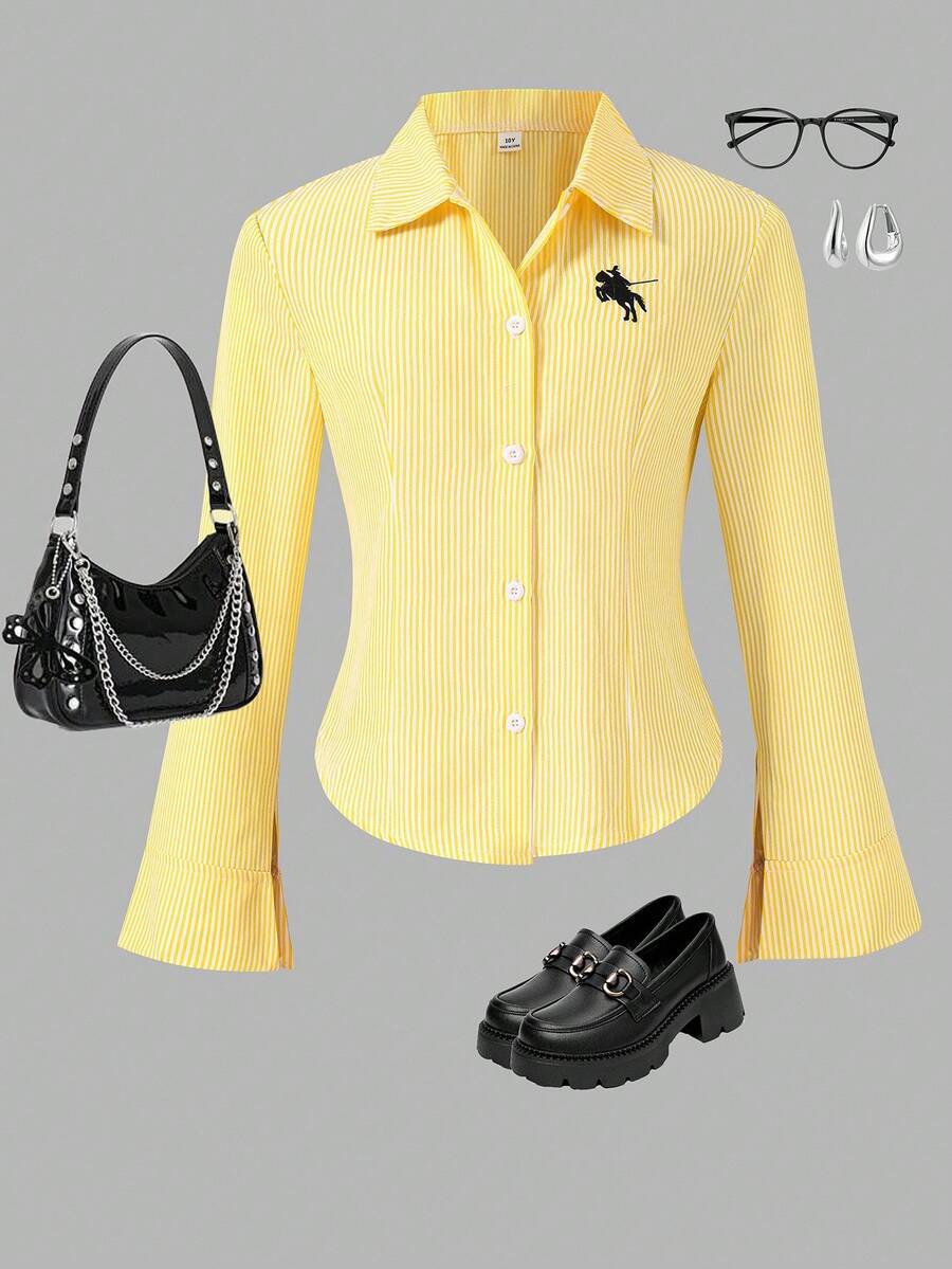 Camisa Casual de Manga Longa com Botões e Ajuste Justo, Estampada, para Meninas Pré-Adolescentes, Fantasias para Semana do Livro