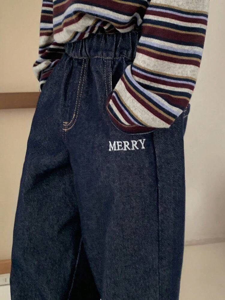 Toddler Boys' Loose Straight Leg Casual Jeans, Letter Embroidery & Plaid Patchwork, Autumn