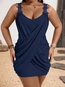 SHEIN Clasi Plus Size Women V-Neck Criss-Cross Ruched Contrast Ruffle Asymmetric Hem Fitted Dress Fall - Navy Blue - View 4
