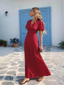 SHEIN VCAY Plus Size Red Polka Dot Maxi Dress: Casual V-Neck Short Sleeve Wrap Dress With Flared Hem - Multicolor - View 4